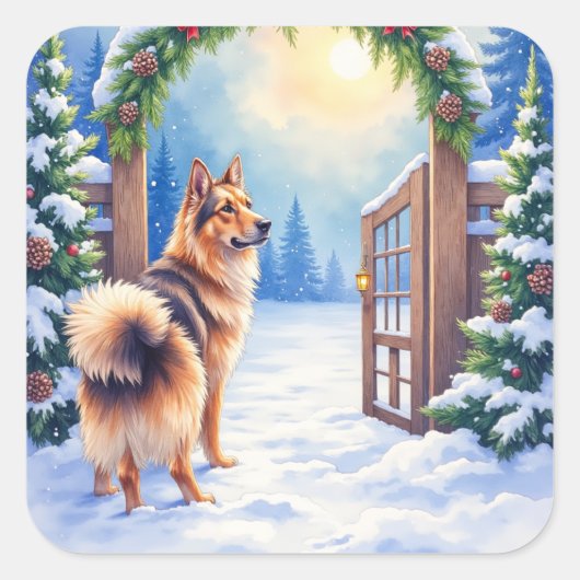 Central Asian Shepherd Snowy Gate Christmas Art Vierkante Sticker (Voorkant)