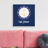 Central Golden Anchor Navy Blue Nautical Canvas Afdruk (Insitu (Woonkamer))