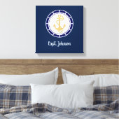 Central Golden Anchor Navy Blue Nautical Canvas Afdruk (Insitu (Slaapkamer))
