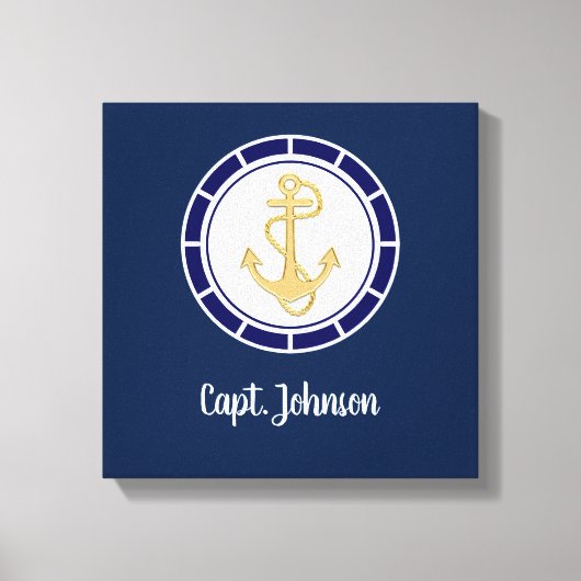 Central Golden Anchor Navy Blue Nautical Canvas Afdruk (Voorkant)