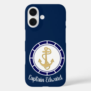 Central Golden Anchor Navy Blue Nautical iPhone 16 Hoesje