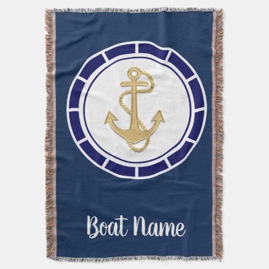 Central Golden Anchor Navy Blue Nautical Deken (Voorkant Verticaal)