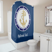 Central Golden Anchor Navy Blue Nautical Douchegordijn (In situ)
