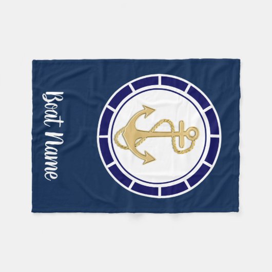 Central Golden Anchor Navy Blue Nautical Fleece Deken (Voorkant (Horizontaal))