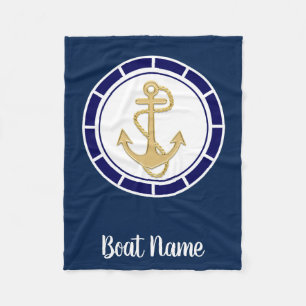 Central Golden Anchor Navy Blue Nautical Fleece Deken