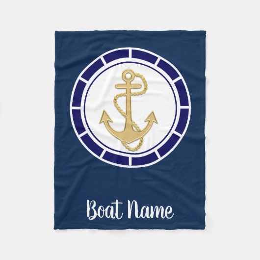 Central Golden Anchor Navy Blue Nautical Fleece Deken (Voorkant)