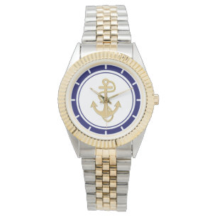 Central Golden Anchor Navy Blue Nautical Horloge