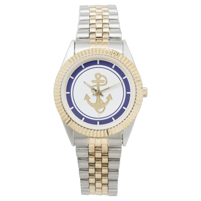 Central Golden Anchor Navy Blue Nautical Horloge (Voorkant)