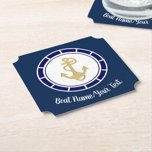 Central Golden Anchor Navy Blue Nautical Kartonnen Onderzetters (Gekanteld)