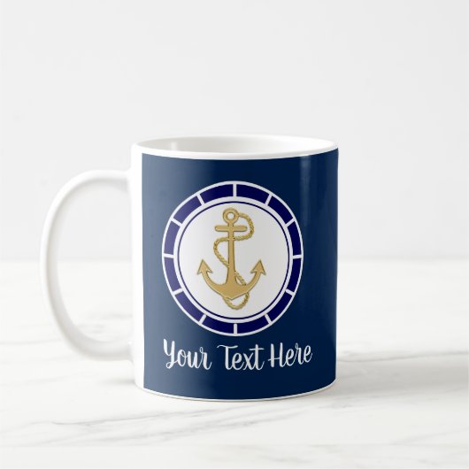 Central Golden Anchor Navy Blue Nautical Koffiemok (Links)