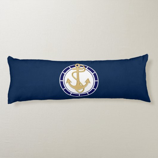 Central Golden Anchor Navy Blue Nautical Lichaamskussen (Achterkant)