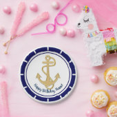Central Golden Anchor Navy Blue Nautical Papieren Bordje (Feest)