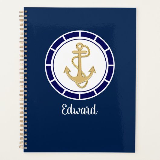 Central Golden Anchor Navy Blue Nautical Planner (Voorkant)