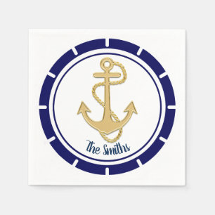 Central Golden Anchor Navy Blue Nautical Servet