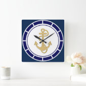 Central Golden Anchor Navy Blue Nautical Vierkante Klok (Huis)