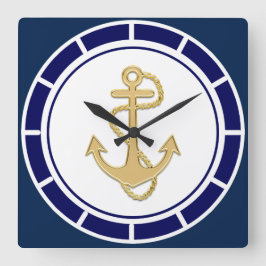 Central Golden Anchor Navy Blue Nautical Vierkante Klok