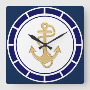 Central Golden Anchor Navy Blue Nautical Vierkante Klok