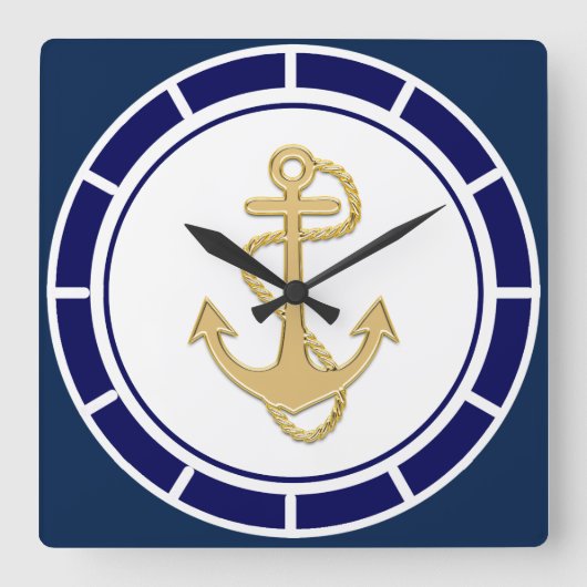 Central Golden Anchor Navy Blue Nautical Vierkante Klok (Voorkant)
