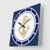 Central Golden Anchor Navy Blue Nautical Vierkante Klok (Hoek)