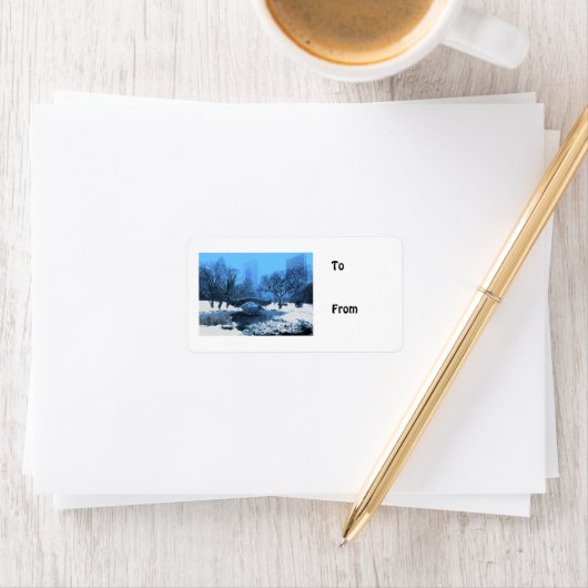 Central Park Bridge op Twilight in de sneeuw Etiket (Insitu)