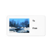 Central Park Bridge op Twilight in de sneeuw Etiket (Voorkant)