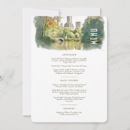 Central Park Elegance Waterverf Bruiloft Menu Kaar Kaart (Voorkant)