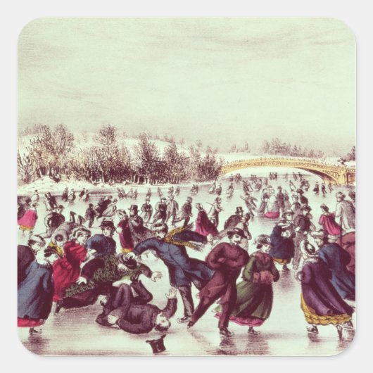 Central Park, Winter: Het Skating Carnaval Vierkante Sticker (Voorkant)