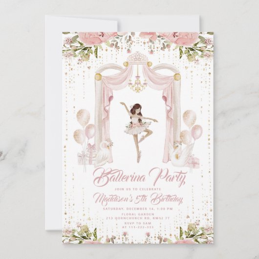 Centrum podium brownette ballerina verjaardagsfees kaart (Voorkant)