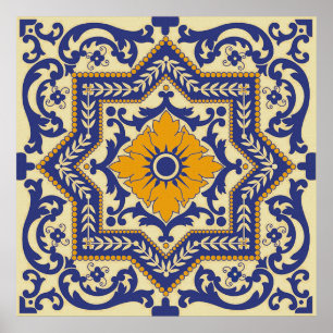 Ceramic Azulejo Style Blue Oranje Poster