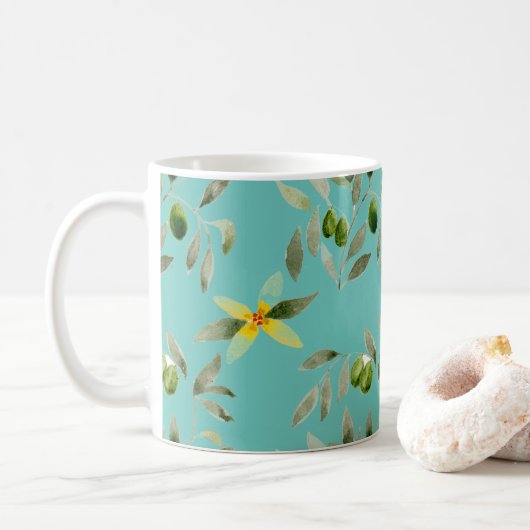 Ceramic mug with olive design on light teal koffiemok (Met donut)