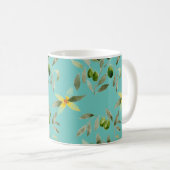 Ceramic mug with olive design on light teal koffiemok (Voorkant rechts)