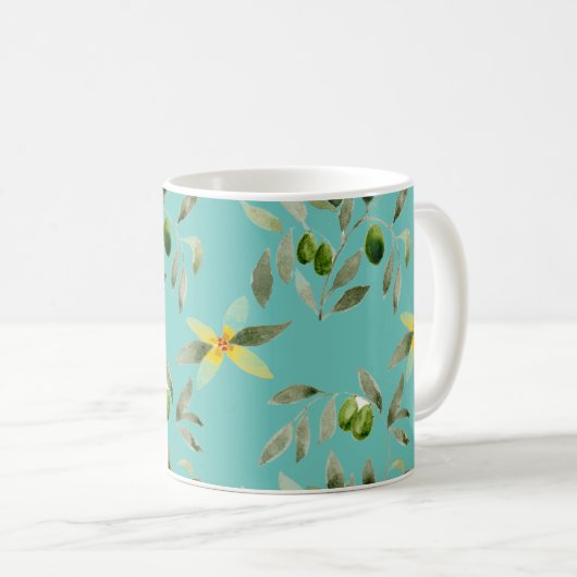 Ceramic mug with olive design on light teal koffiemok (Voorkant rechts)