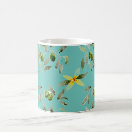 Ceramic mug with olive design on light teal koffiemok (Center)