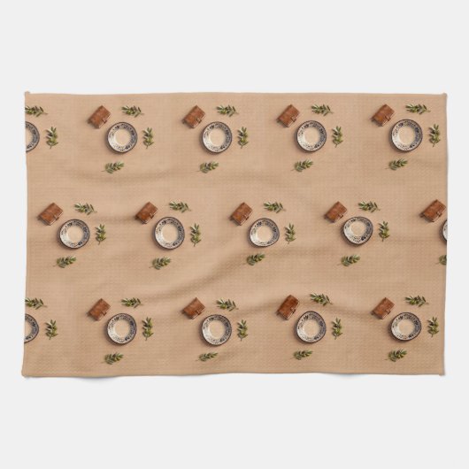 ceramic plate leather journal and olive branches theedoek (Horizontaal)