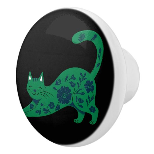 Ceramic Pull Green Floral Cat Keramische Knop (Rechts)