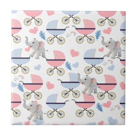 Ceramic Tile Baby Stroller Stork Elephant  Tegeltje (Voorkant)