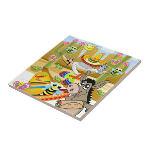 Ceramic Tile Mexicaanse Man Donkey Sun Butterfly Tegeltje