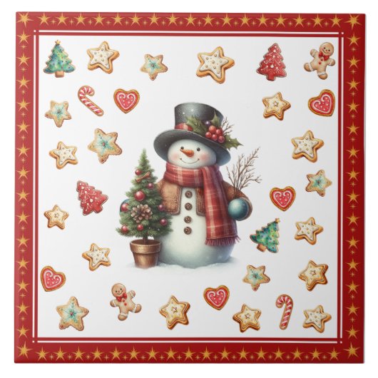 Ceramic Tile Snowman and Christmas Cookies Red Tegeltje (Voorkant)