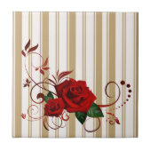 Ceramic Tile Stripe Beige & White Stripe Red Rose  Tegeltje (Voorkant)
