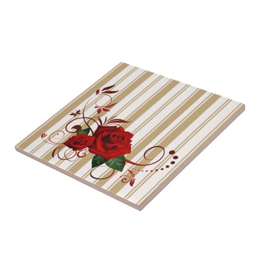 Ceramic Tile Stripe Beige & White Stripe Red Rose  Tegeltje (Zijkant)