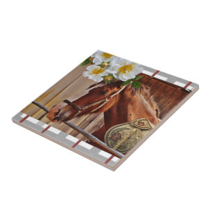 Ceramic Tile White Floral Horse Tegeltje