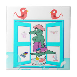 Ceramische Tegel Witte Alligator Bubble Bath Birds Tegeltje