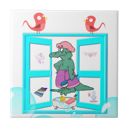 Ceramische Tegel Witte Alligator Bubble Bath Birds Tegeltje (Voorkant)