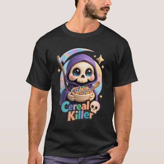 Cereal Killer Grim Reaper Skeleton Eten Kleurrijk T-shirt (Voorkant)