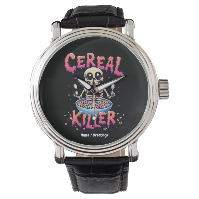 Cereal Killer Ontbijt Grappig Cereal Bowl Skelet Horloge (Voorkant)