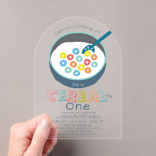 Cereal-sly Eén Blauwe Cereal Jongen 1e Verjaardag Acryl Uitnodigingen