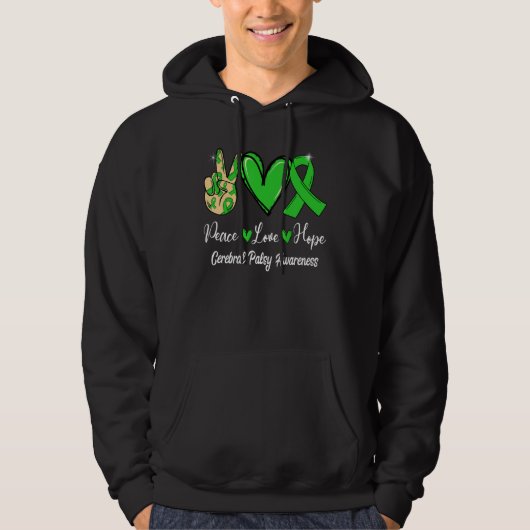 Cerebral Palsy Awareness Peace Love Hope Green Rib Hoodie (Voorkant)