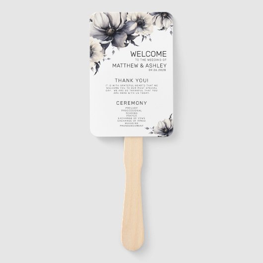 Ceremonie programma zwart wit bloemenbruiloft handwaaier (Voorkant)