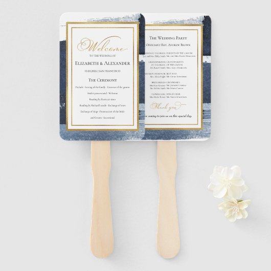 Ceremonie programma's | Navy Blue Bruiloft Abstrac Handwaaier (Voorkant en achterkant)