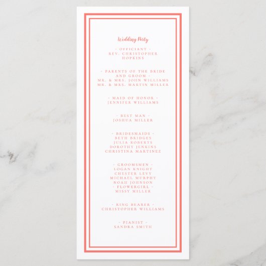 Ceremonie voor koraal- en witbruiloft programmakaart (Achterkant)